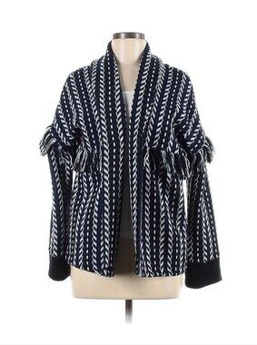 cupcakes & cashmere Navy and White Fringe Open Kristy Cardigan Sz M GUC